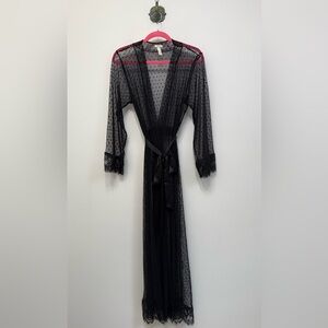 Soma Delicate Black Sheer Lace Mesh Polka Dot Robe Long Satin Tie Women’s S/M